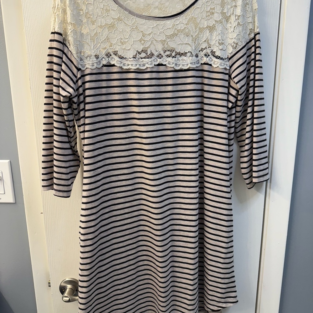 Umgee Black and Cream Striped Mini Dress with Lace